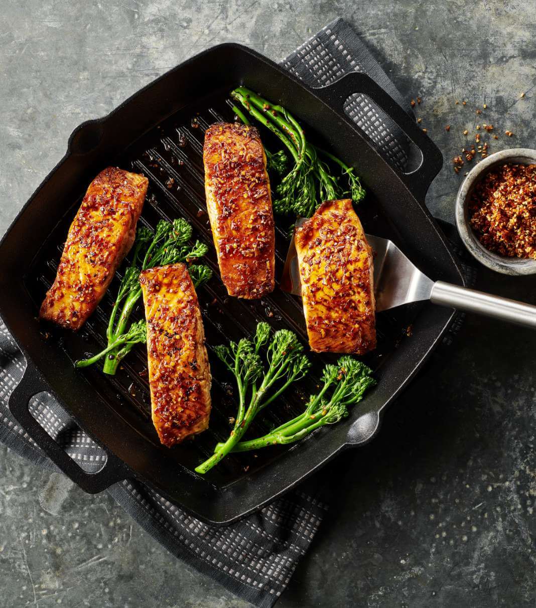 Chile Crisp Salmon in a cast iron pan