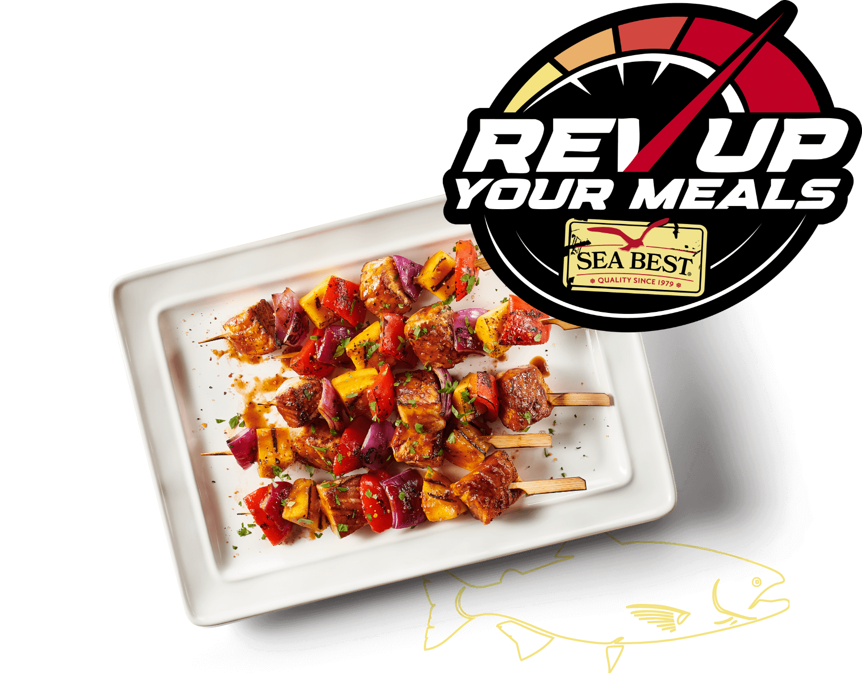 Rev Up Your Meals logo with a plate of bbq mango kebabs
