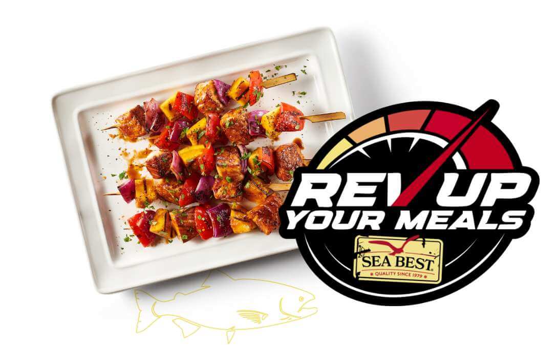 Rev Up Your Meals logo with a plate of bbq mango kebabs